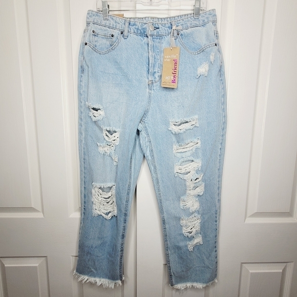 Vanilla star Womens high rise Distressed button fly 90's boyfriend jeans 15 new - Picture 1 of 8